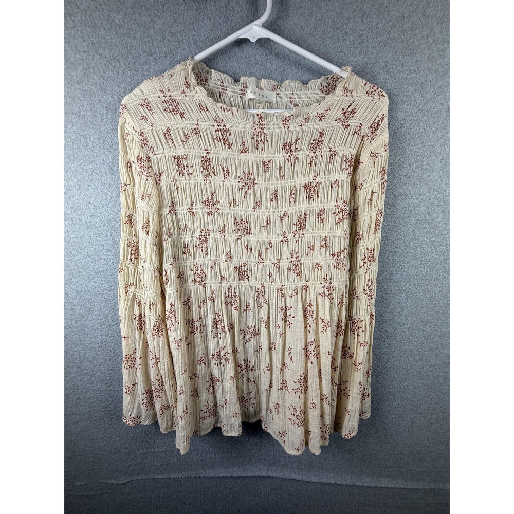 Adiva Blouse Womens Large White Floral Smocked Long Sleeve Boho Ruffle Tunic Top
